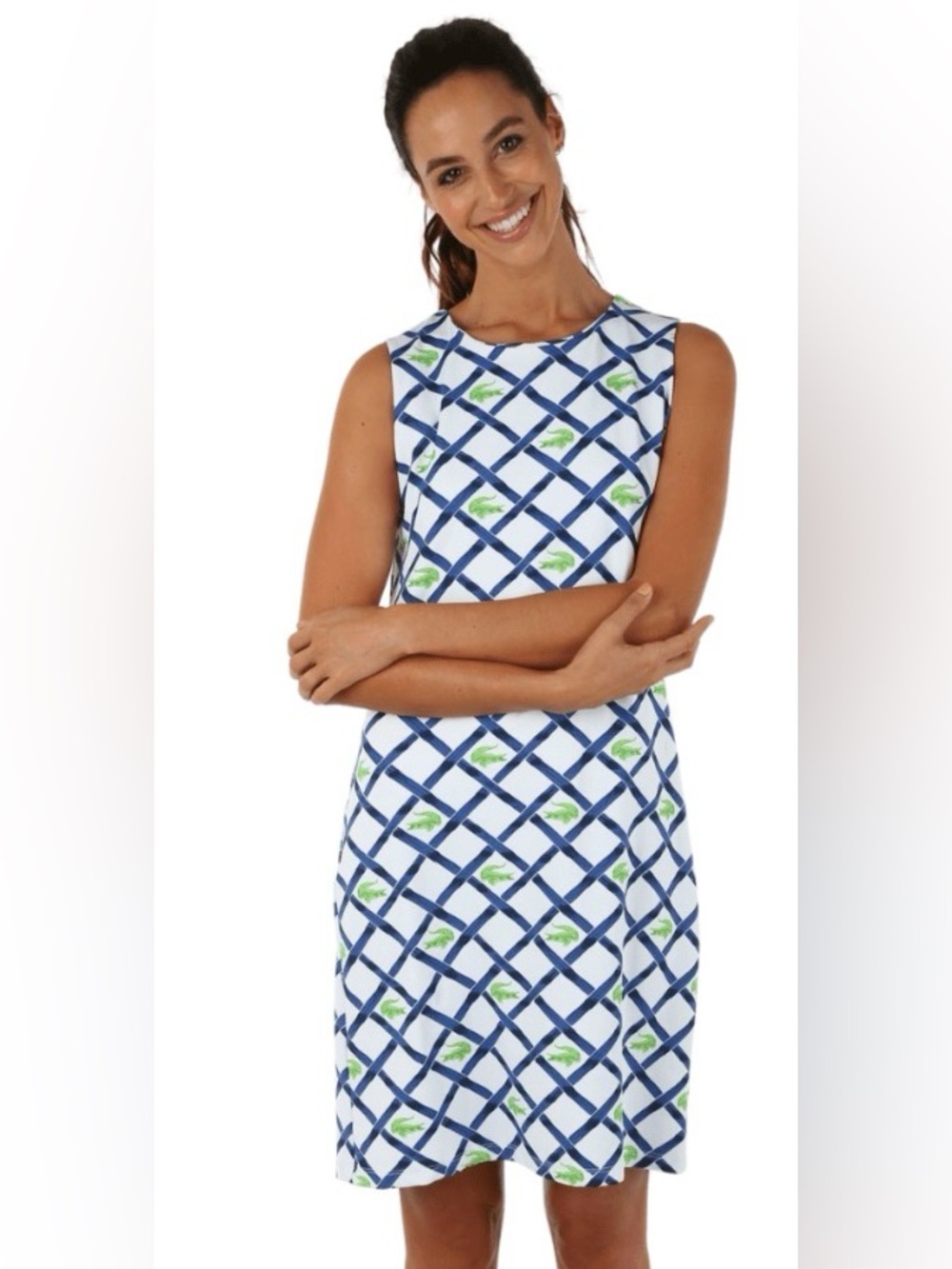 Melly M White Sleeveless Dress with Navy Lattice and Green Motif-S